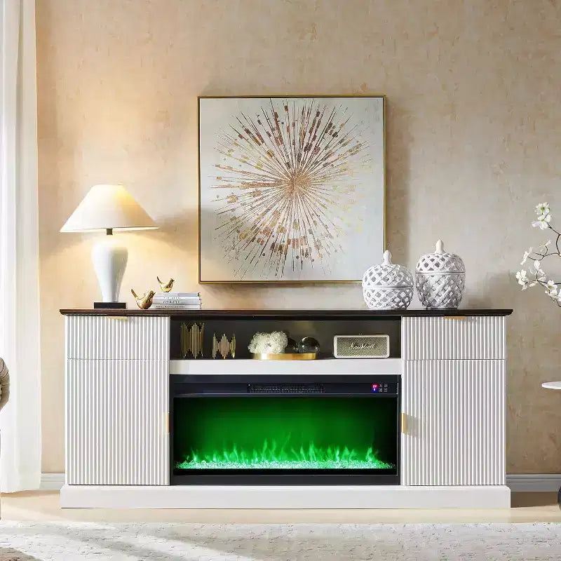 Meuble TV de cheminée cannelé de 70 po pour téléviseurs de 80 po, centre de divertissement moderne avec cheminée électrique de 36 po, console TV multimédia en bois avec rangement