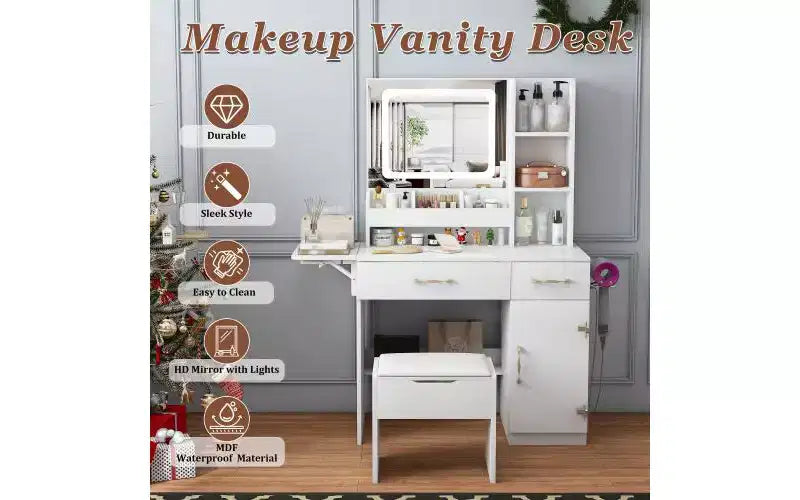 Coiffeuse JVNOXK avec miroir lumineux LED et prise électrique, 3 tiroirs, 7 étagères et tabouret de rangement, convient aux femmes, blanc