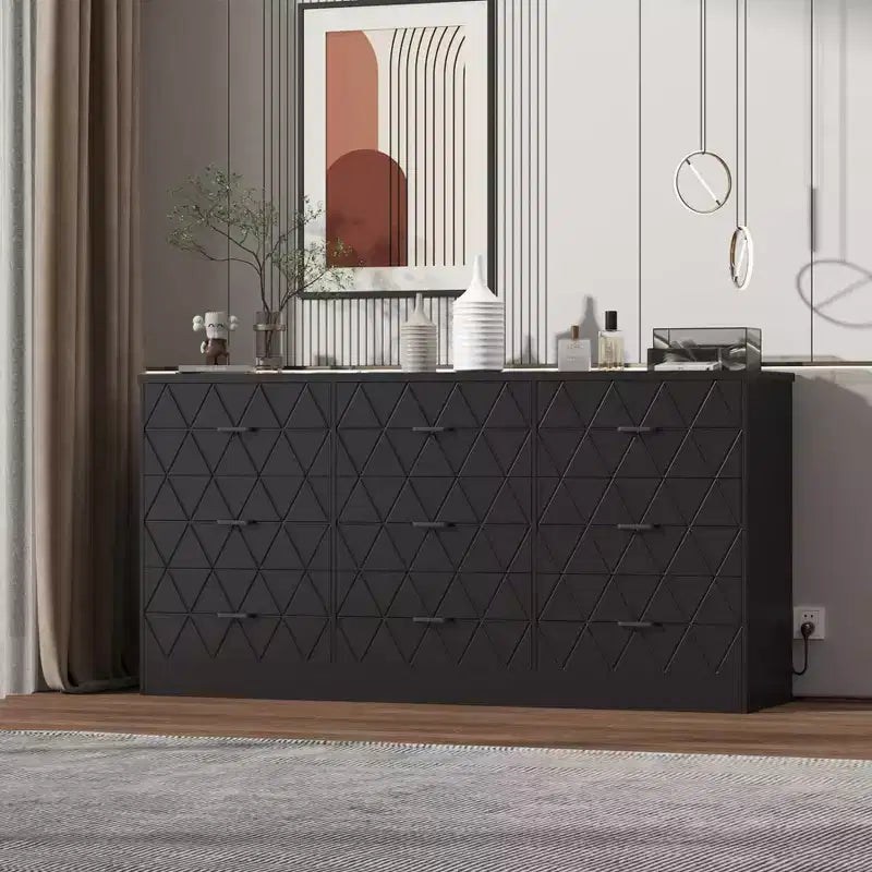 Zstar Commode triple moderne à 9 tiroirs, Meuble de rangement en bois pour chambre à coucher avec prises de courant