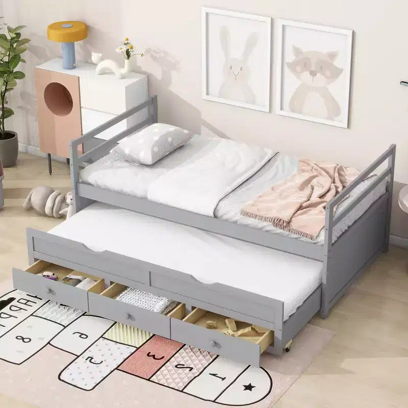 Lit de repos double avec lit gigogne et trois tiroirs de rangement, Lit plateforme en bois avec tête de lit et pied de lit pour enfants