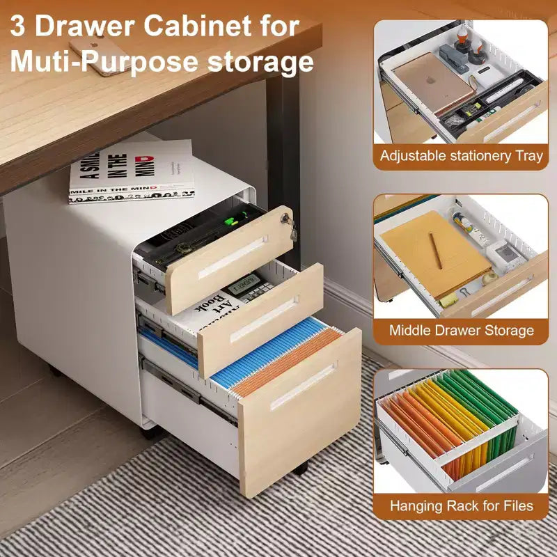 Meuble Classeur Mobile à 3 Tiroirs avec Serrure C Entièrement Assemblé Rangement Sous-Bureau pour Dossiers A4/Lettre/Légal, Conception en Métal Roulant à 5 Roues