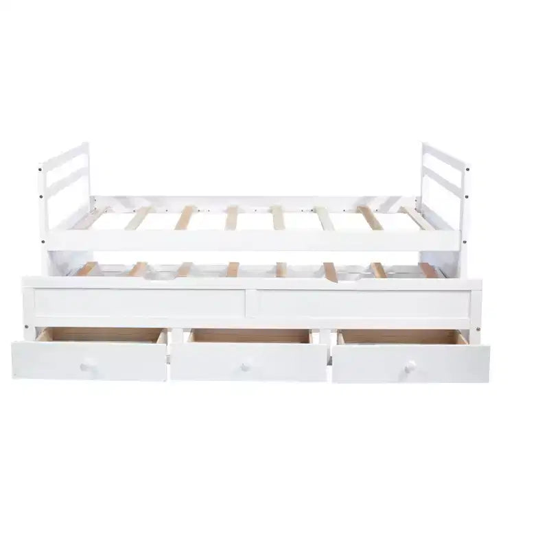 Lit de repos double avec lit gigogne et trois tiroirs de rangement, Lit plateforme en bois avec tête de lit et pied de lit pour enfants