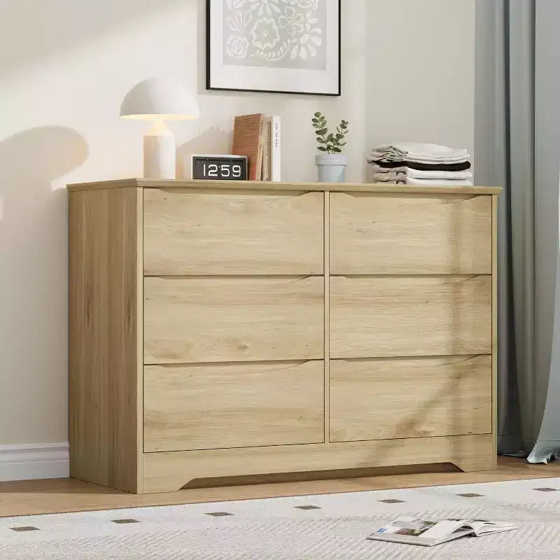 GustoWave Armoire Moderne, Commode de Rangement en Bois à 6 Tiroirs pour Chambre à Coucher, Salon, Couloir, Naturel