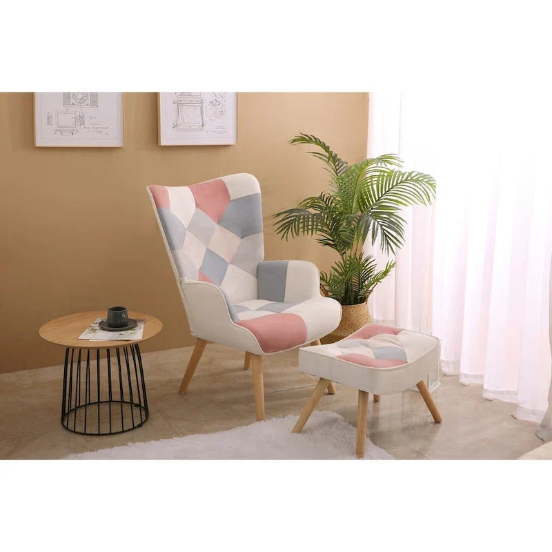 Fauteuil d'appoint avec pouf, ensemble fauteuil et pouf de salon, fauteuil d'appoint confortable pour chambre à coucher, surface en tissu à épissures créatives