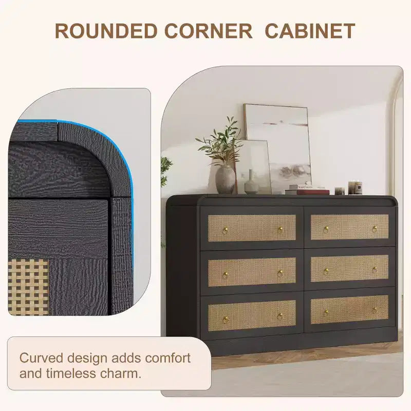 Commode à 6 tiroirs en rotin pour chambre à coucher, commode en bois de 117 cm de large, meuble TV, organisateur de rangement pour vêtements pour salon, noir
