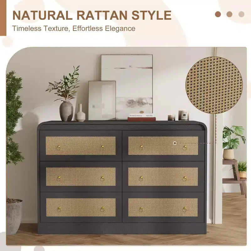 Commode à 6 tiroirs en rotin pour chambre à coucher, commode en bois de 117 cm de large, meuble TV, organisateur de rangement pour vêtements pour salon, noir