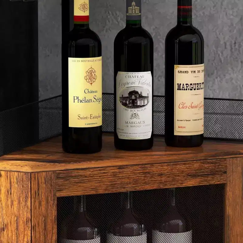 Meuble de bar d'angle CuisinSmart avec casier à vin amovible, meuble de bar avec porte-verres, petit buffet et armoire de rangement avec porte grillagée