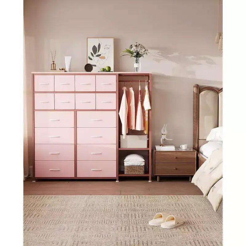 Commode de rangement avec 16 tiroirs, tringle à vêtements et étagères, organisateur de rangement en tissu pour chambre à coucher, placard ou entrée