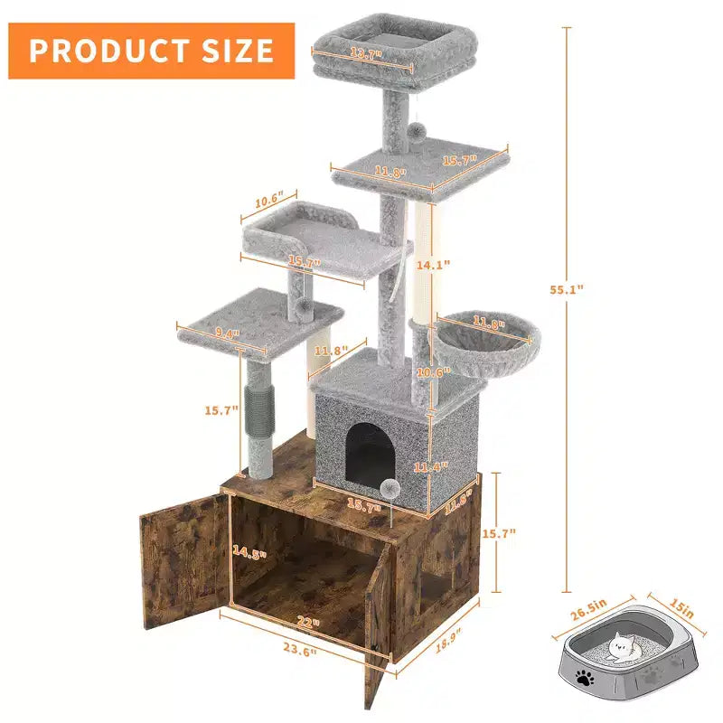 Arbre à chat et tour d'activité moderne 2-en-1 avec cache-litière, meuble pour chat tout-en-un, maison en bois avec espace litière caché pour chaton, avec hamac et poteaux à griffer