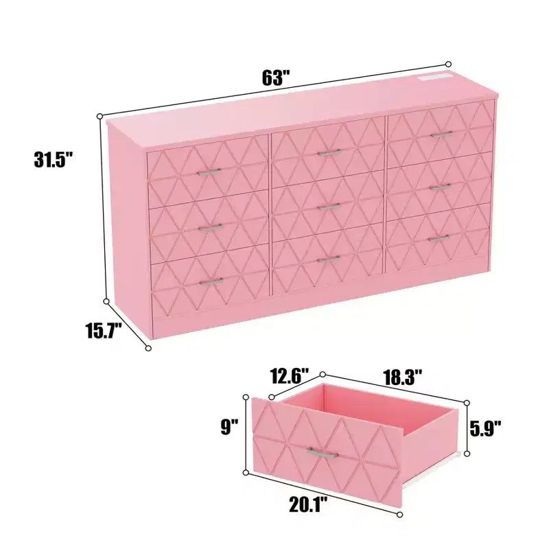 Zstar Commode triple moderne à 9 tiroirs, Meuble de rangement en bois pour chambre à coucher avec prises de courant