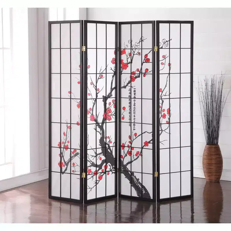 Séparateur de pièce Roundhill Furniture à 4 panneaux japonais, motif fleur de prunier