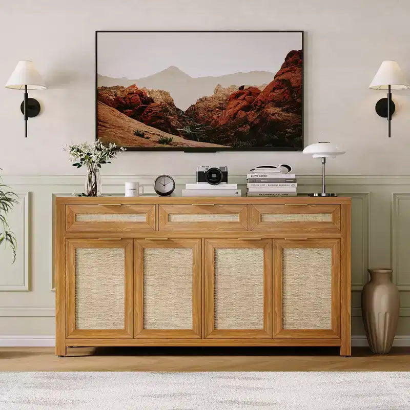 Buffet de salle à manger avec rangement de 160 cm, Bahut de style rustique avec bar à café, 3 tiroirs, 4 portes et étagères réglables pour salle à manger et cuisine
