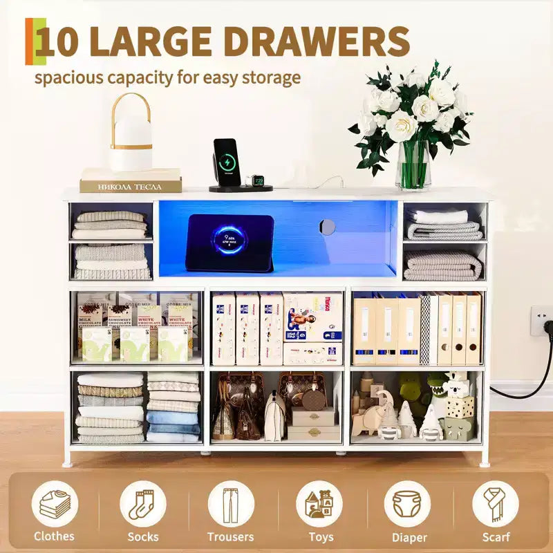 Commode de rangement à 10 tiroirs avec support TV, bande lumineuse LED et prises électriques, commode en tissu avec plateau en bois, meuble TV pour téléviseur de 55 pouces, commode de rangement