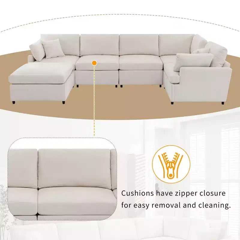 Canapé sectionnel convertible en U Okak avec pouf mobile, canapé rembourré moderne à 6 places pour salon, appartement