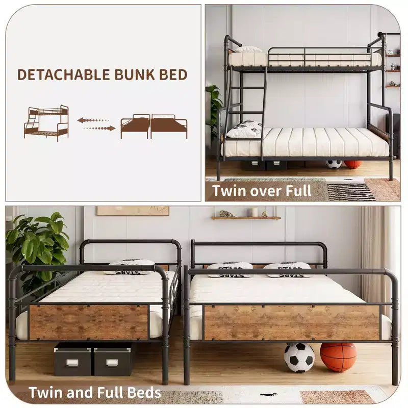 Lit superposé double avec lit inférieur double et barrière de sécurité haute, lits superposés convertibles en métal de taille double pour enfants/adolescents, montage facile, aucun sommier tapissier requis