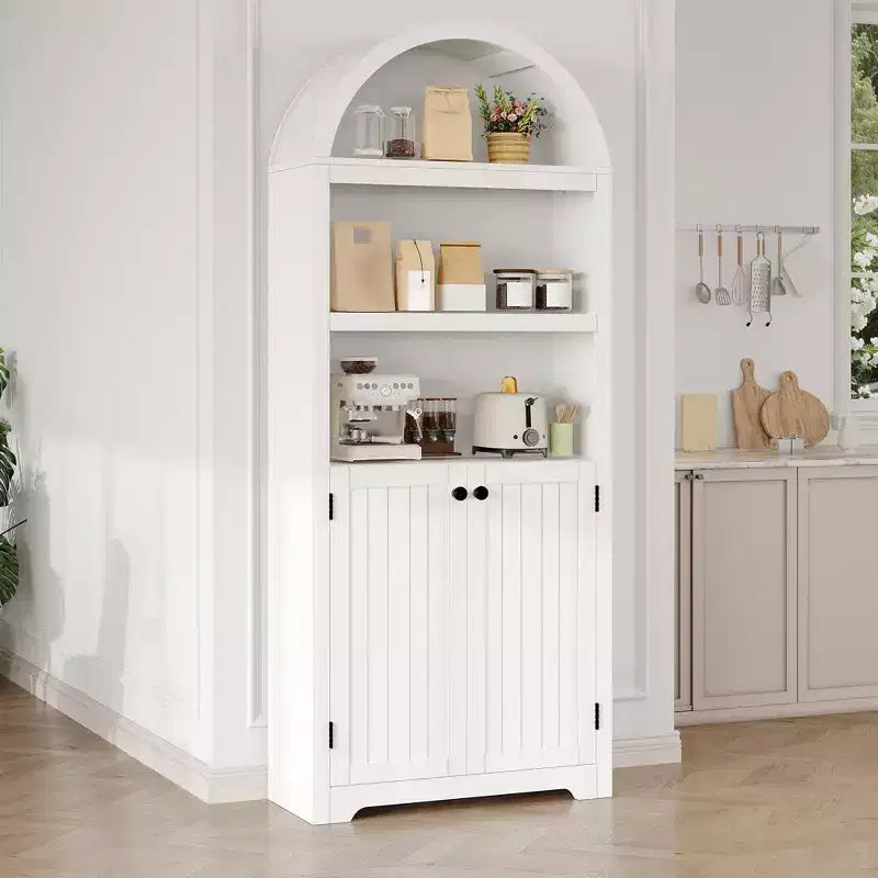Meuble haut arqué GustoWave 71.6, Bibliothèque à 5 niveaux avec portes et étagères réglables, Armoire de rangement