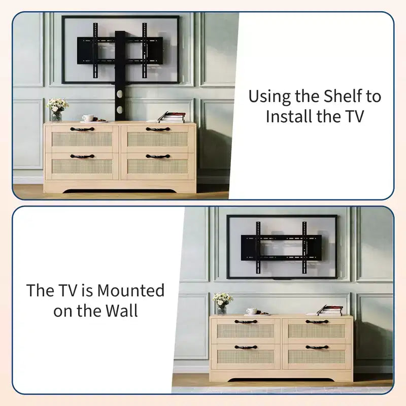 Meuble TV bahut de style campagnard pour téléviseurs jusqu'à 70'', 4 tiroirs, portes en rotin, meuble de rangement en bois, console média pour chambre ou salon