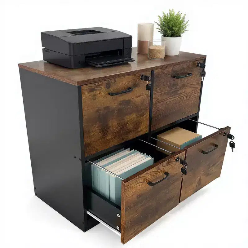 COZONY Meuble Classeur en Bois à 4 Tiroirs, Rangement Vertical Verrouillable pour A4/Lettre, Marron Rustique et Noir