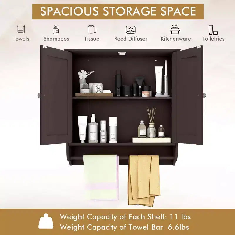 Armoire de salle de bain murale Costway avec barre porte-serviettes marron/gris