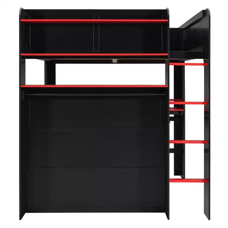 Lit mezzanine double Luxystar avec bureau réglable lumineux, armoire ouverte et bibliothèque