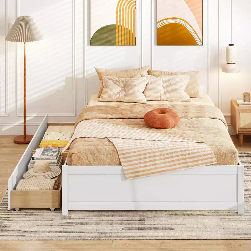 Lit plateforme en bois Costway, pleine/double, avec 2 tiroirs de rangement roulants, support à lattes en bois, naturel/blanc