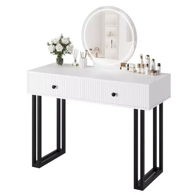 Coiffeuse GustoWave avec miroir et lumières, Petite coiffeuse de maquillage avec tiroirs, Organisateur de coiffeuse moderne avec 3 couleurs de lumière, Table de maquillage