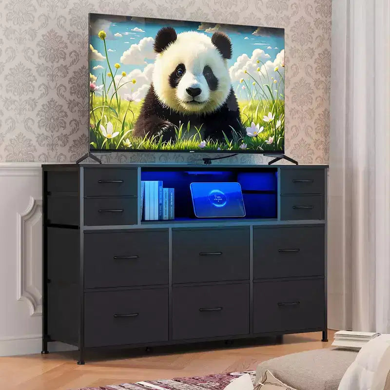 Commode de rangement à 10 tiroirs avec support TV, bande lumineuse LED et prises électriques, commode en tissu avec plateau en bois, meuble TV pour téléviseur de 55 pouces, commode de rangement