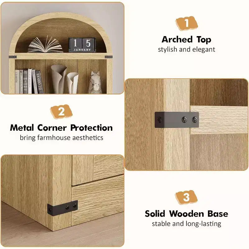 Bibliothèque avec portes Étagère cintrée 182 cm de haut Bibliothèque de style rustique avec étagères Bibliothèques en bois pour la maison, le bureau, le salon