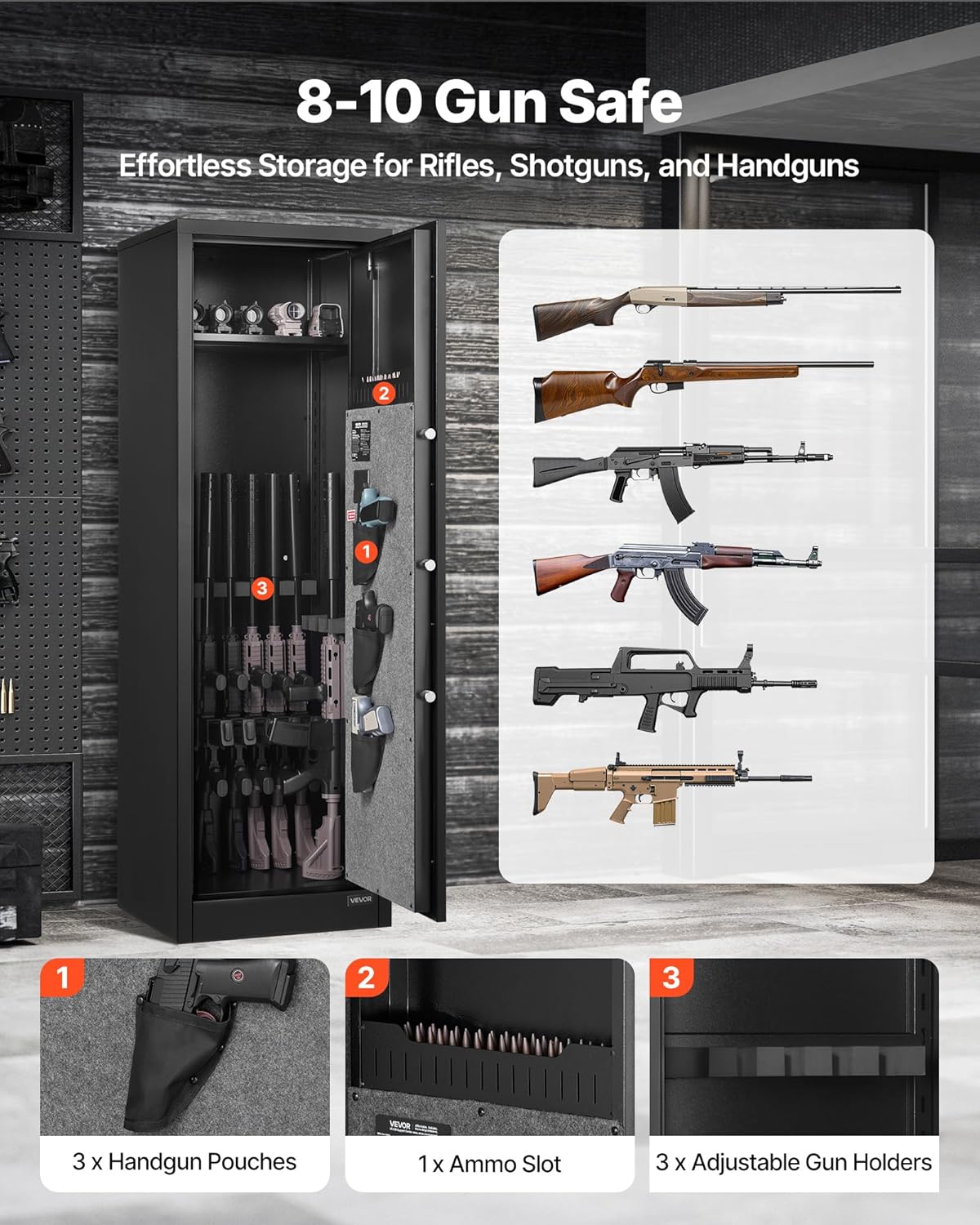 VEVOR Armoire à 8-10 Fusils, Coffre-Fort pour Armes à Feu Verrouillage par Empreinte Digitale et Mot de Passe et Clés, avec 3 Poches pour Pistolets et Supports Réglables, Accès Rapide, pour Domicile