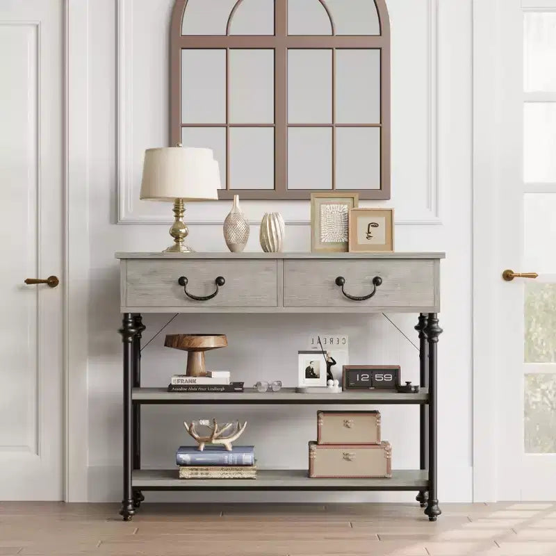 Console d'entrée, petite table d'entrée avec 2 tiroirs, table console étroite avec étagère de rangement pour salon