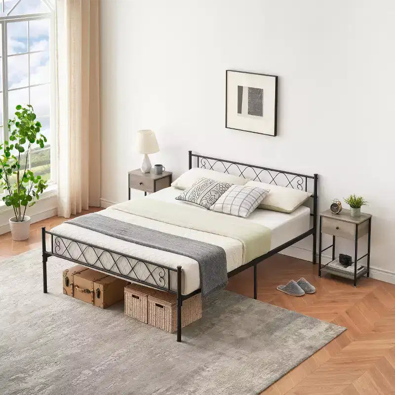 Cadre de Lit Moderne en Métal 1 Pièce - Rangement sous le Lit de 34,8 cm, Tête et Pied de Lit avec Lattes Métalliques, Aucun Sommier Tapissier Requis