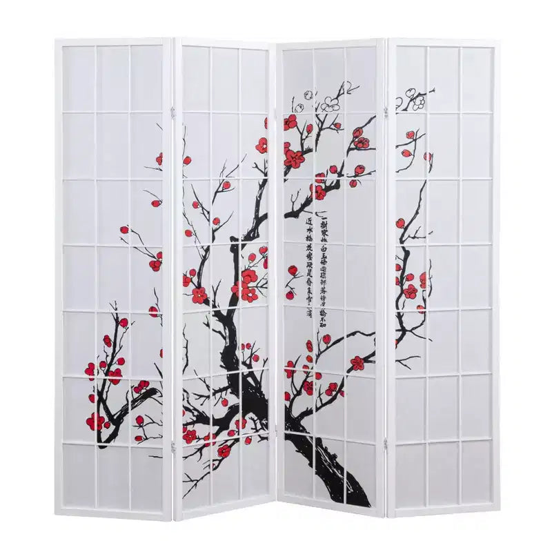 Séparateur de pièce Roundhill Furniture à 4 panneaux japonais, motif fleur de prunier