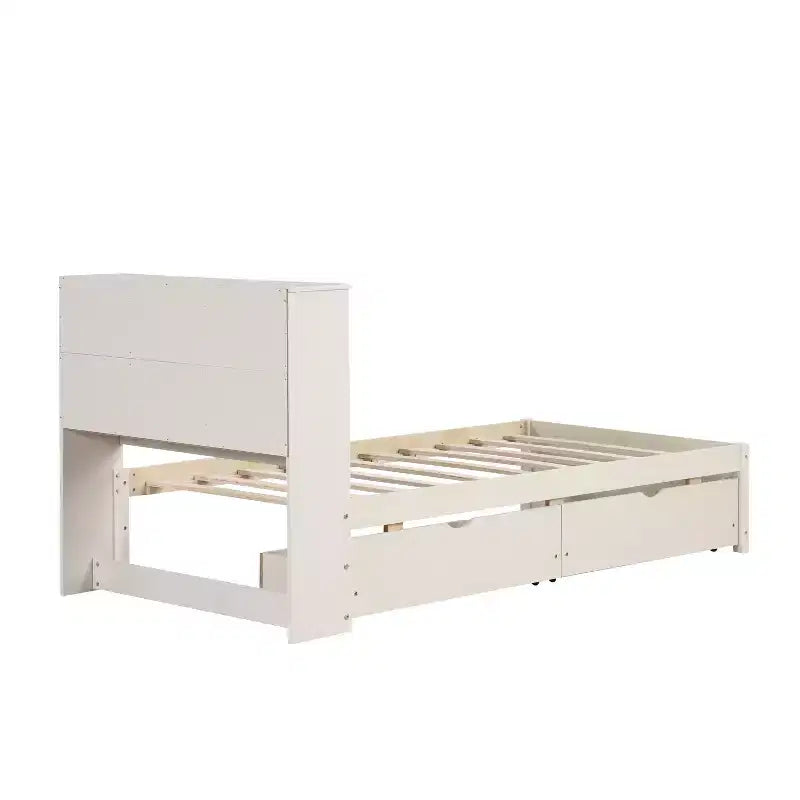Bellemave Lit plateforme jumeau avec tête de lit bibliothèque et 2 tiroirs de rangement, lit plateforme en panneau de particules avec port de chargement USB