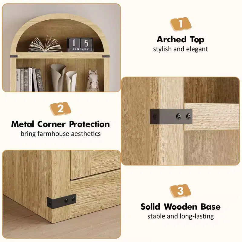 Bibliothèque GustoWave avec portes, étagère arquée de 182 cm de haut, meuble de rangement de style ferme avec étagères, bibliothèques en bois pour bureau à domicile
