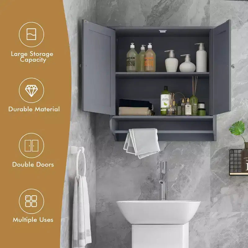 Armoire de salle de bain murale Costway avec barre porte-serviettes marron/gris