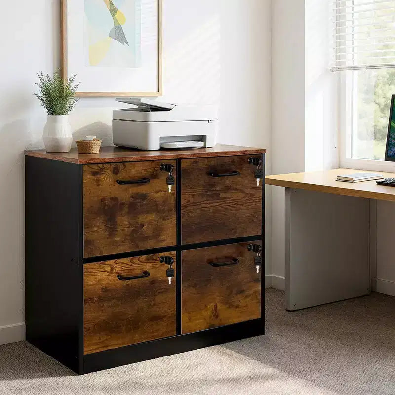 COZONY Meuble Classeur en Bois à 4 Tiroirs, Rangement Vertical Verrouillable pour A4/Lettre, Marron Rustique et Noir