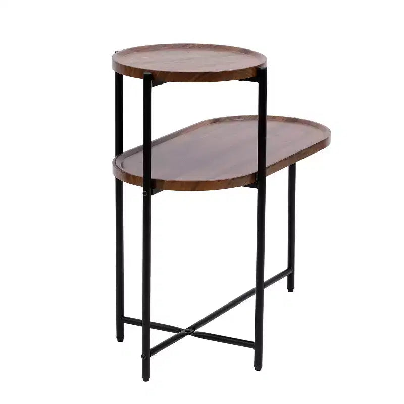 Petite table basse à 2 niveaux Noyer Marron, Étagère de rangement en bois Cadre en métal Table d'appoint pour canapé de salon