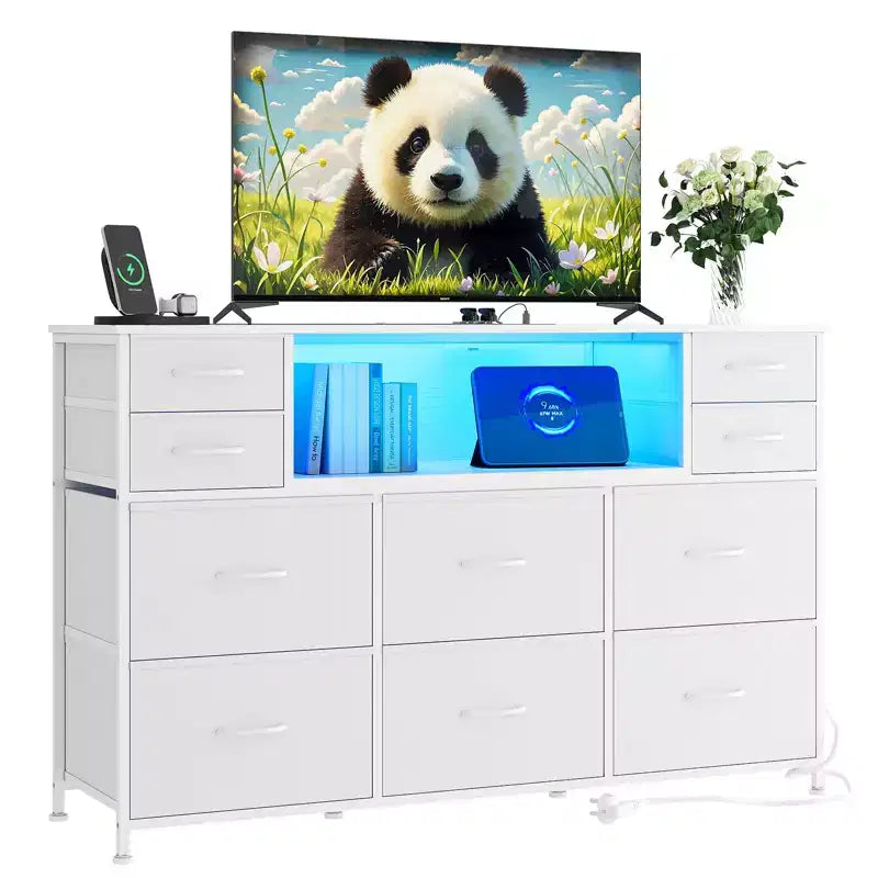 Commode de rangement à 10 tiroirs avec support TV, bande lumineuse LED et prises électriques, commode en tissu avec plateau en bois, meuble TV pour téléviseur de 55 pouces, commode de rangement