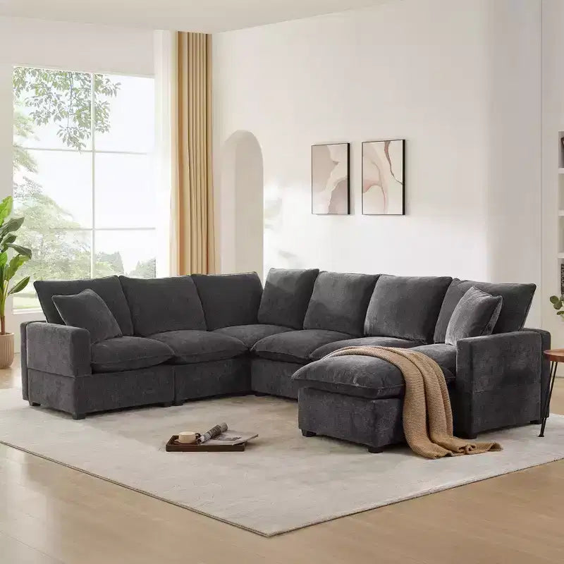 Canapé sectionnel convertible en U Okak avec pouf mobile, canapé rembourré moderne à 6 places pour salon, appartement