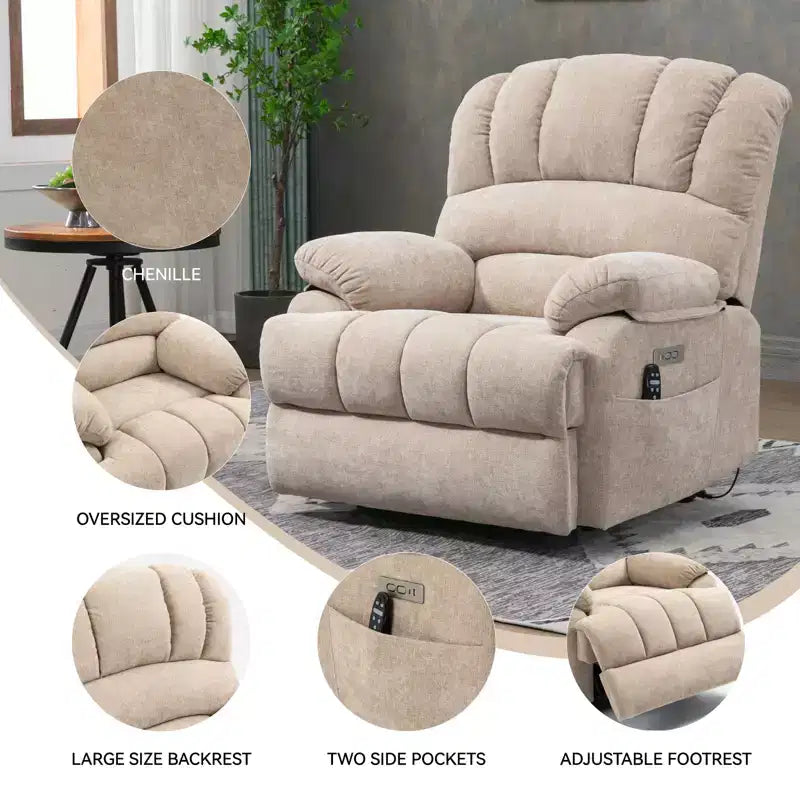 CLIHOME Fauteuil inclinable électrique releveur en chenille grande taille, largeur d'assise 23 pouces et dossier haut, avec massage vibrant 8 points et chauffage lombaire