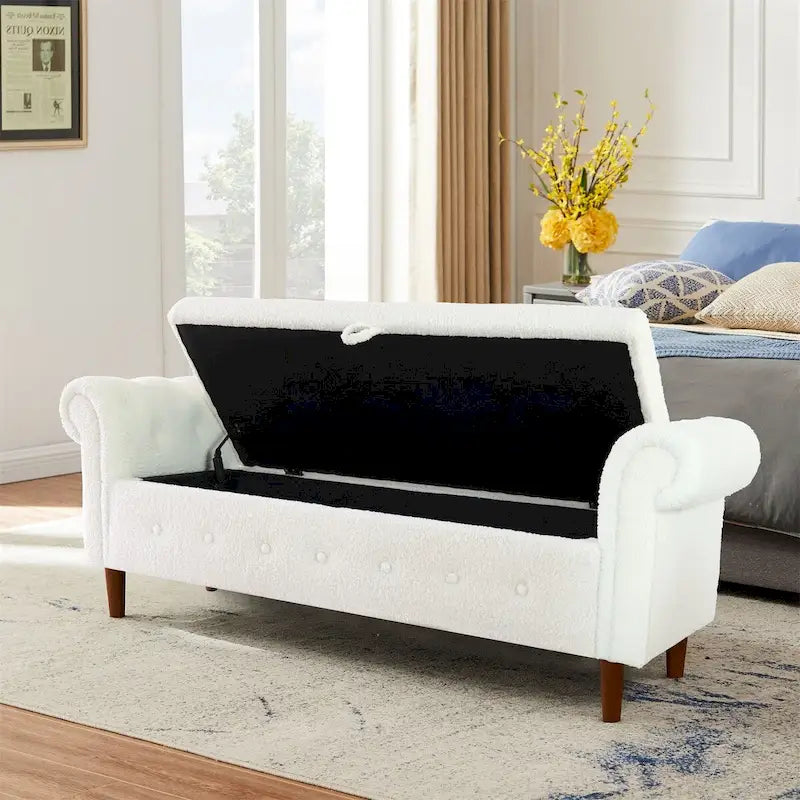 Banc de rangement pour chambre, bout de lit, accoudoirs roulés, canapé ottoman en velours, long banc