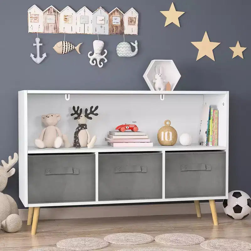 Commode de chambre Okak avec 3 tiroirs en tissu pliable, grand placard de rangement pour jouets, étagère à livres pour enfants pour couloir et chambre d'enfant
