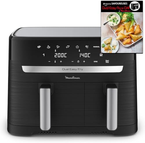 Moulinex air fryer deux compartiments, très grande capacité 11L, 10 personnes, 7 Programmes automatiques, friteuse sans huile, Ecran tactile digital, Dual inox, EZ942BF0, Gris foncé : Cuisine et Maison