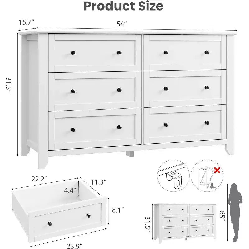 GustoWave Moderne Commode Large de 137 cm à 6 Tiroirs pour Chambre, Entrée, Couloir, Blanc