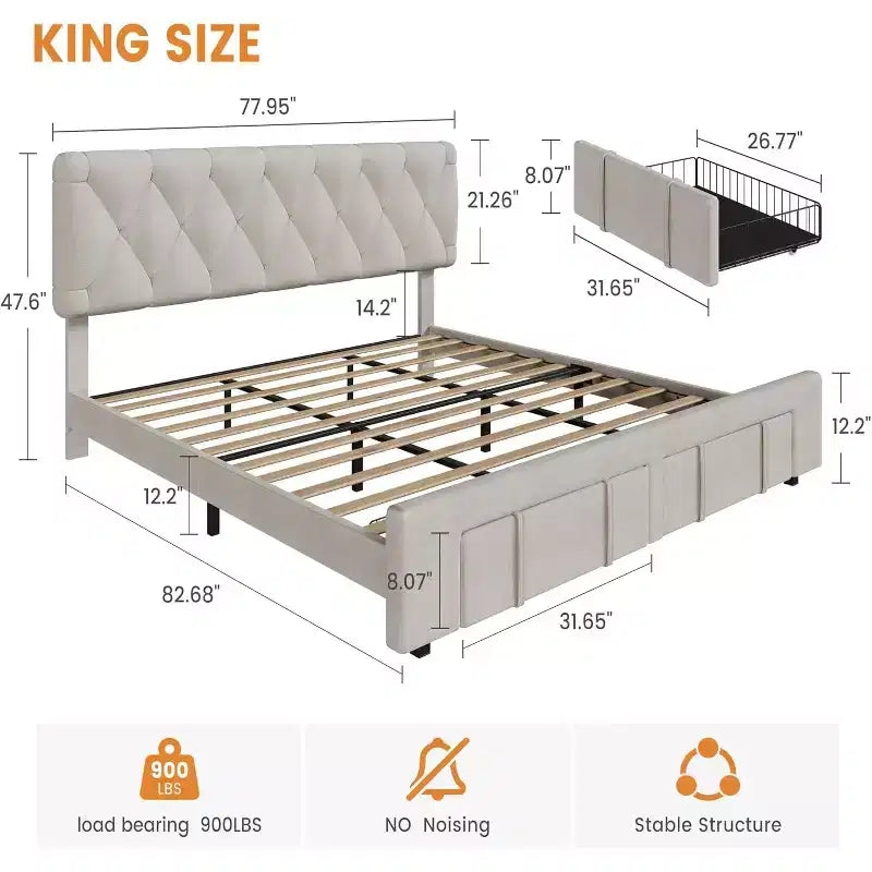 Cadre de lit plateforme capitonné beige DobleePy avec tiroirs de rangement, support à lattes en bois, pas besoin de sommier, assemblage facile