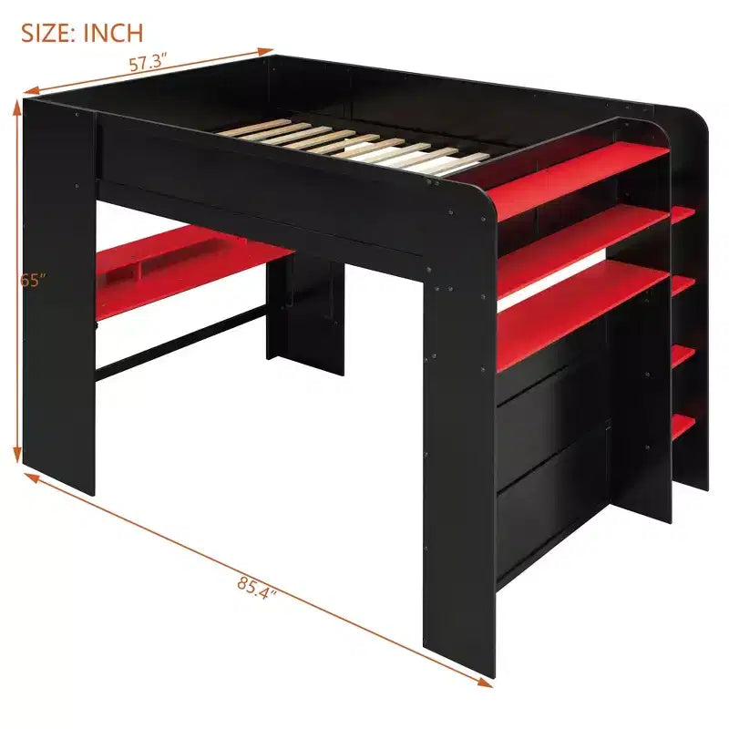 Lit mezzanine double Luxystar avec bureau réglable lumineux, armoire ouverte et bibliothèque