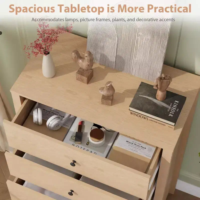 Commode moderne à 5 tiroirs avec rangement profond, coffre en bois élégant pour chambre à coucher, salon, entrée, offrant un grand espace pour une décoration intérieure organisée