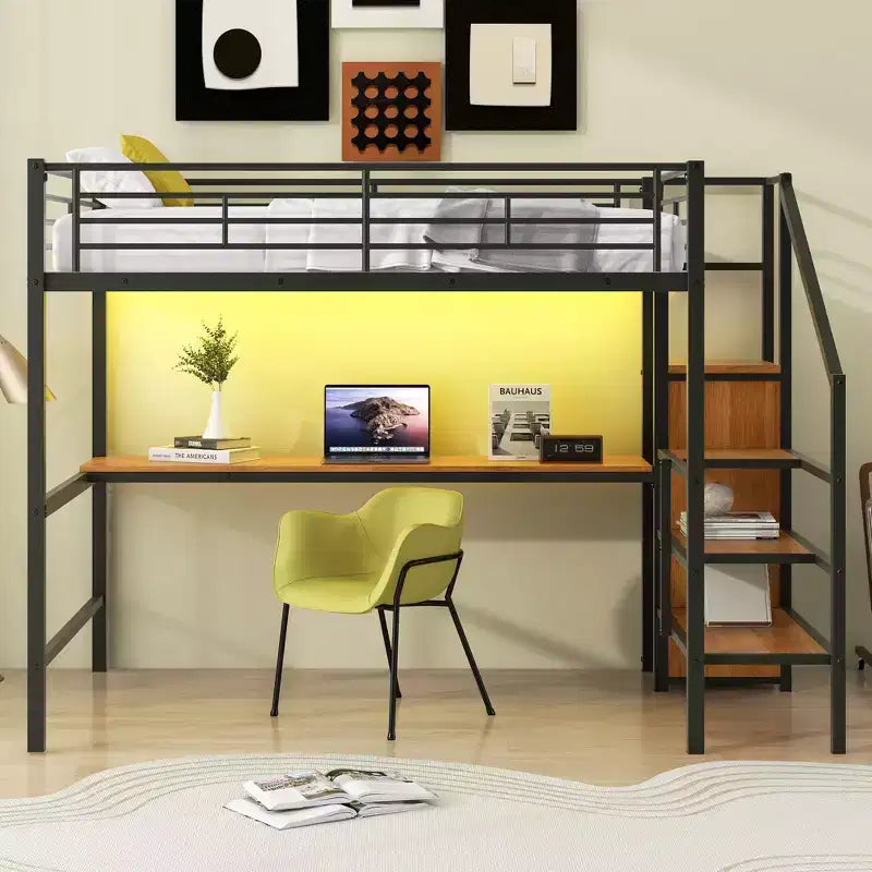 Okak Lit superposé en métal grandeur nature avec bureau et escalier de rangement et barrière de sécurité Lit mezzanine avec petite armoire et LED pour enfants adolescents Assemblage facile