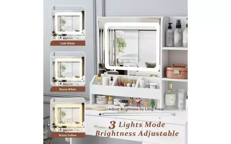 Coiffeuse JVNOXK avec miroir lumineux LED et prise électrique, 3 tiroirs, 7 étagères et tabouret de rangement, convient aux femmes, blanc