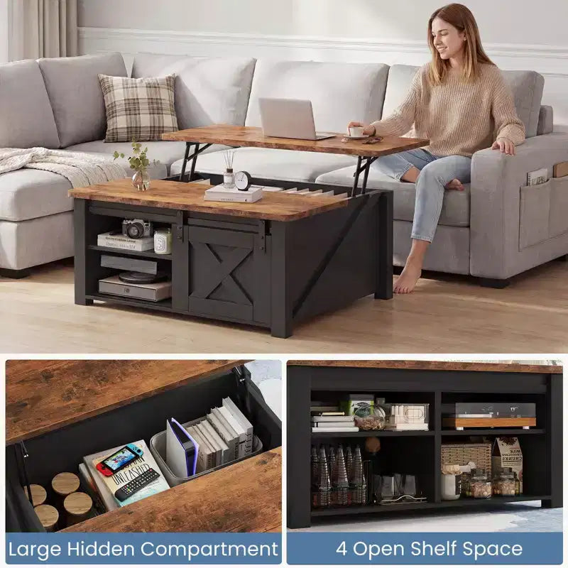 Table basse relevable JIONJOY 31,5" avec grand espace de rangement dissimulé, étagères réglables, table basse carrée de style ferme pour salon, petits espaces